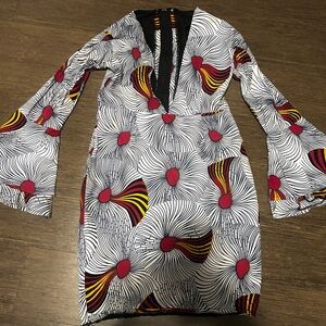 Vibrant Patterned Dress with Flared Sleeves